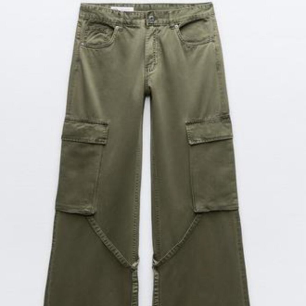 ZARA MID-RISE TRF CARGO JEANS Olive  NWTG